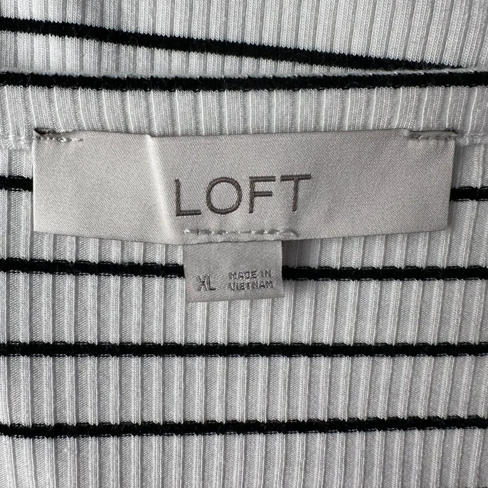 LOFT Black and White Striped V-Neck Ribbed Top with Button Placket